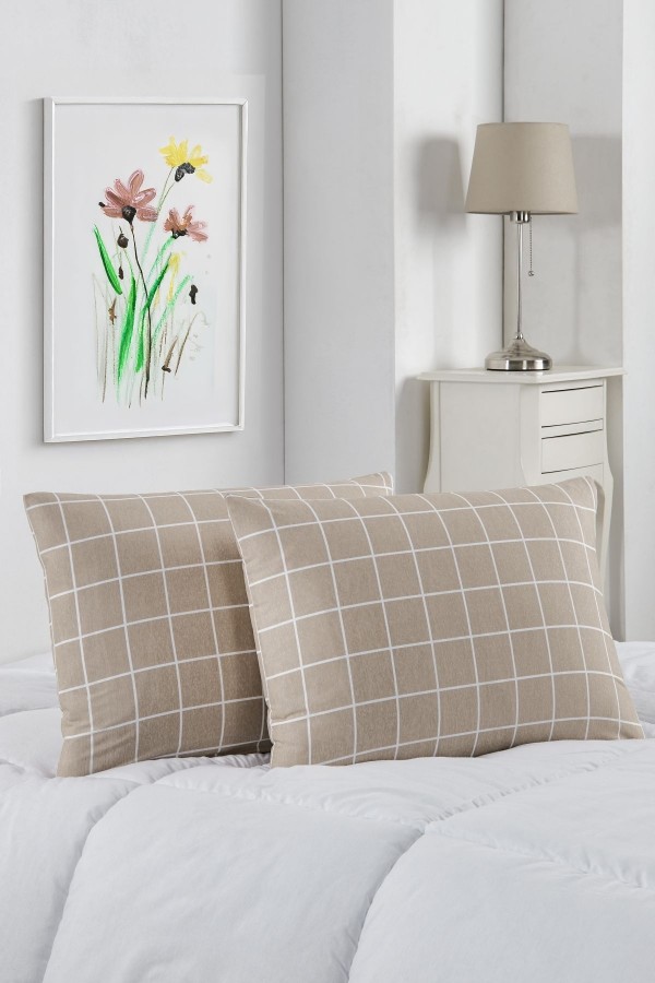 2'li Yastık Kılıfı | Pamuklu | 50x70 cm | BejKareli