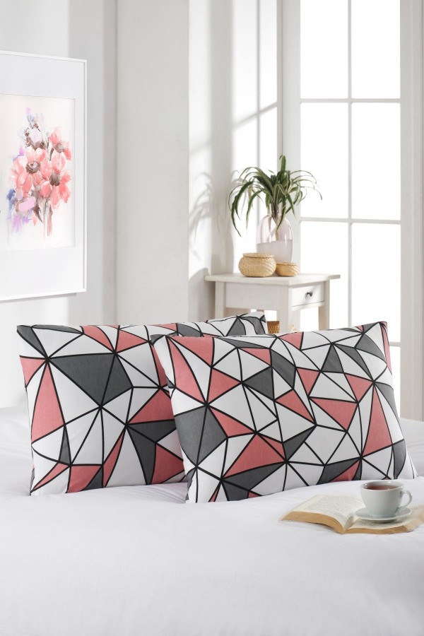 2'li Yastık Kılıfı | Pamuklu | 50x70 cm | Geometrik Desen |Pembe