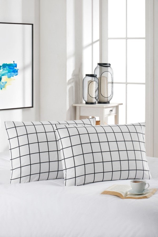 2'li Yastık Kılıfı | Pamuklu | 50x70 cm | Kareli Desen |Beyaz