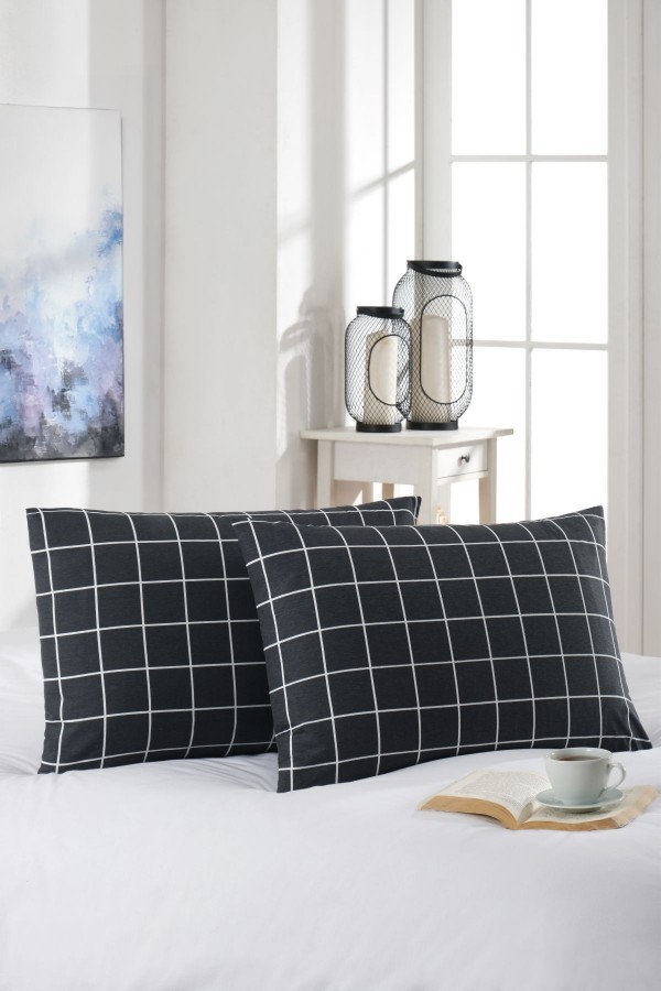 2'li Yastık Kılıfı | Pamuklu | 50x70 cm | Kareli Desen |Siyah