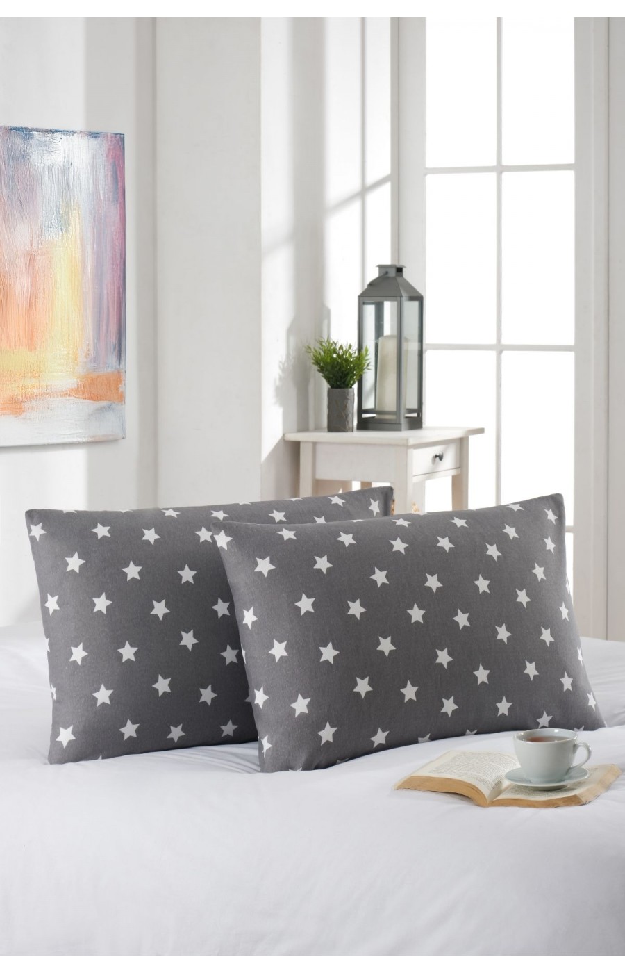 2'li Yastık Kılıfı | Pamuklu | 50x70 cm | Yıldız Desen |Gri