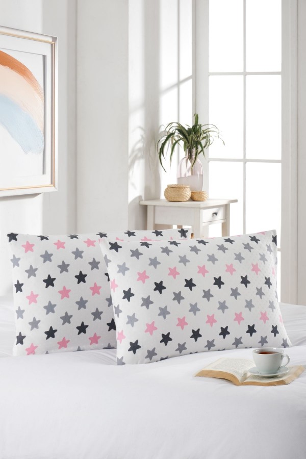 2'li Yastık Kılıfı | Pamuklu | 50x70 cm | Yıldız Desen |Pembe-Beyaz