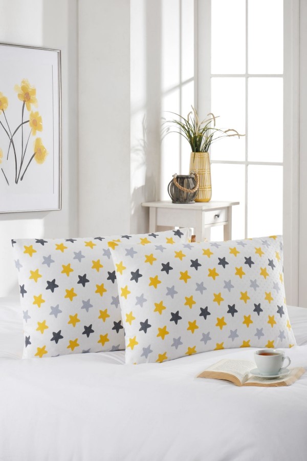 2'li Yastık Kılıfı | Pamuklu | 50x70 cm | Yıldız Desen |Sarı-Beyaz