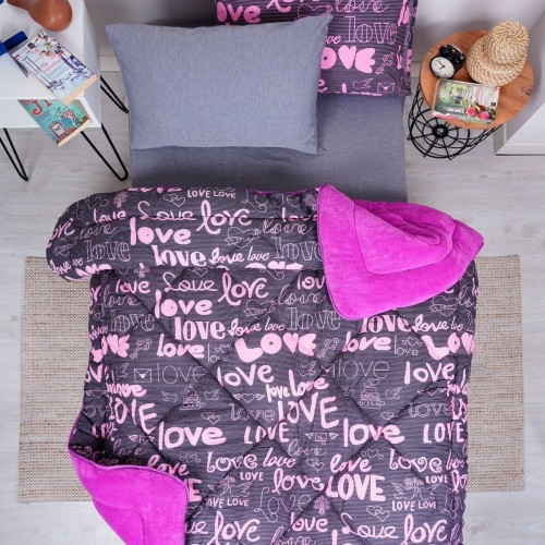 Love Desen Welsoft Pamuklu Çift Taraflı Pofuduk Tek Kişilik Uyku Seti - Mor - 155 x 215