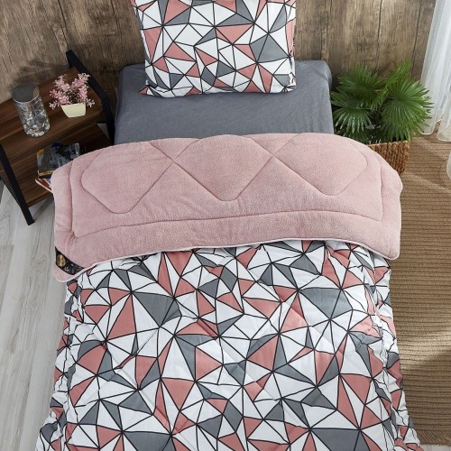 Geometrik Desenli Tek Kişilik Çift Taraflı Wellsoft Yorgan Seti - Pembe - 155x215