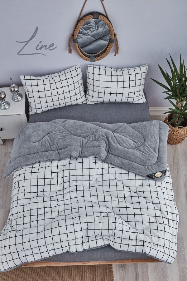 Pofuduk Çift Kişilik Wellsoft Line Desenli Çift Taraflı Yorgan Seti - Beyaz - 195x215