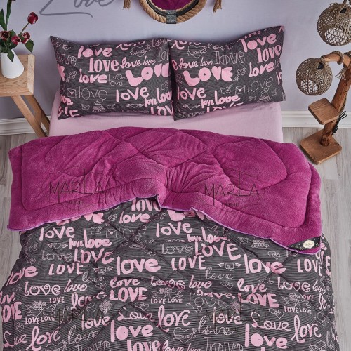 Pofuduk Çift Kişilik Wellsoft Love Desenli Çift Taraflı Yorgan Seti - Mor - 195x215
