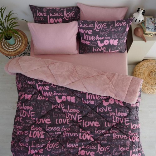 Love Desenli Çift Kişilik Çift Taraflı Wellsoft Uyku Seti - Pembe - 195x215