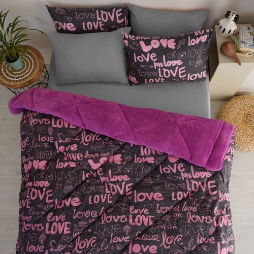 Love Desenli Çift Kişilik Çift Taraflı Wellsoft Uyku Seti - Mor - 195x215