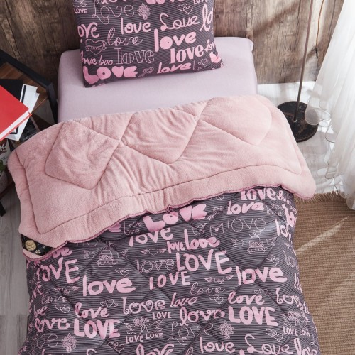 Love Pembe Desenli Tek Kişilik Çift Taraflı Wellsoft Yorgan Seti - Pembe - 155x215