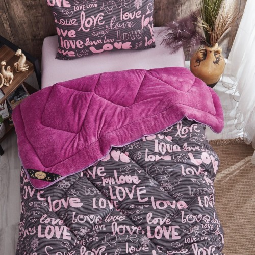 Love Mürdüm Desenli Tek Kişilik Çift Taraflı Wellsoft Yorgan Seti - Mor - 155x215