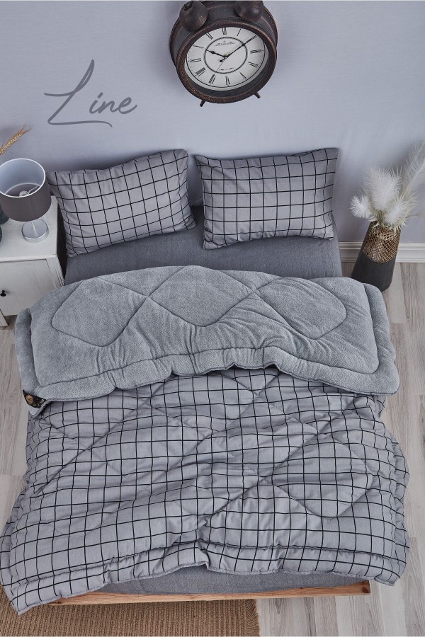 Pofuduk Çift Kişilik Wellsoft Line Desenli Çift Taraflı Yorgan Seti - Siyah-Gri - 195x215