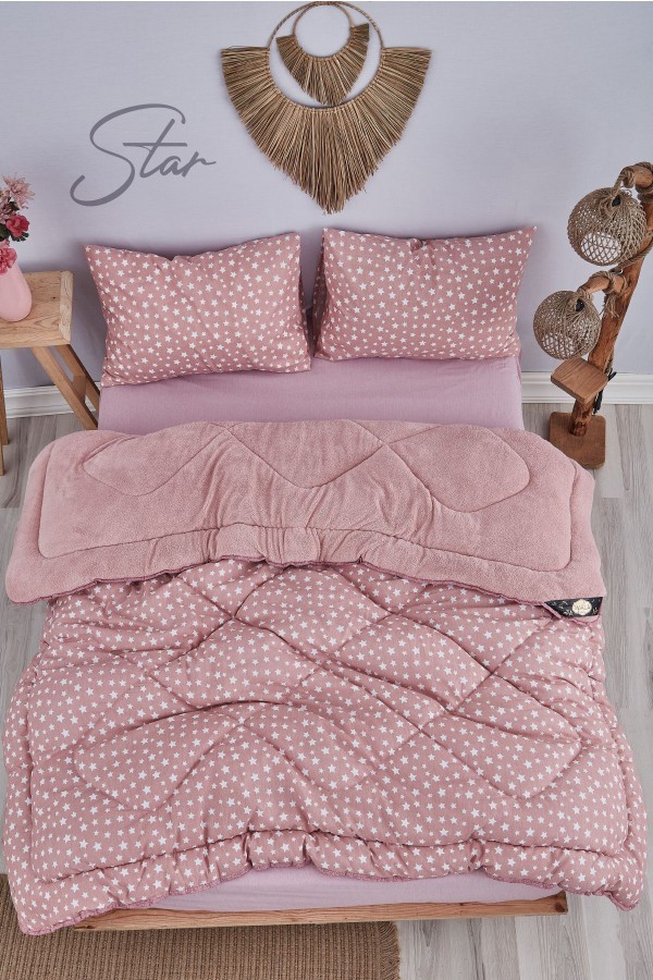 Star Pembe Desenli Çift Kişilik Çift Taraflı Wellsoft Yorgan Seti - Pembe - 195x215