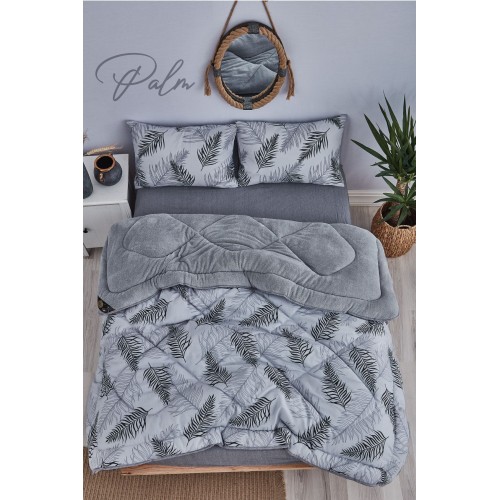 Palm Gri Desenli Çift Kişilik Çift Taraflı Wellsoft Yorgan Seti - Gri - 195x215