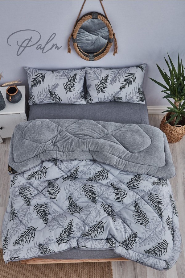 Palm Gri Desenli Çift Kişilik Çift Taraflı Wellsoft Yorgan Seti - Gri - 195x215