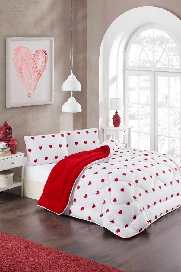 Kalp Desenli Çift Kişilik Çift Taraflı Welsoft Yorgan Seti Wellsoft Battaniye Pofuduk Yumuşak