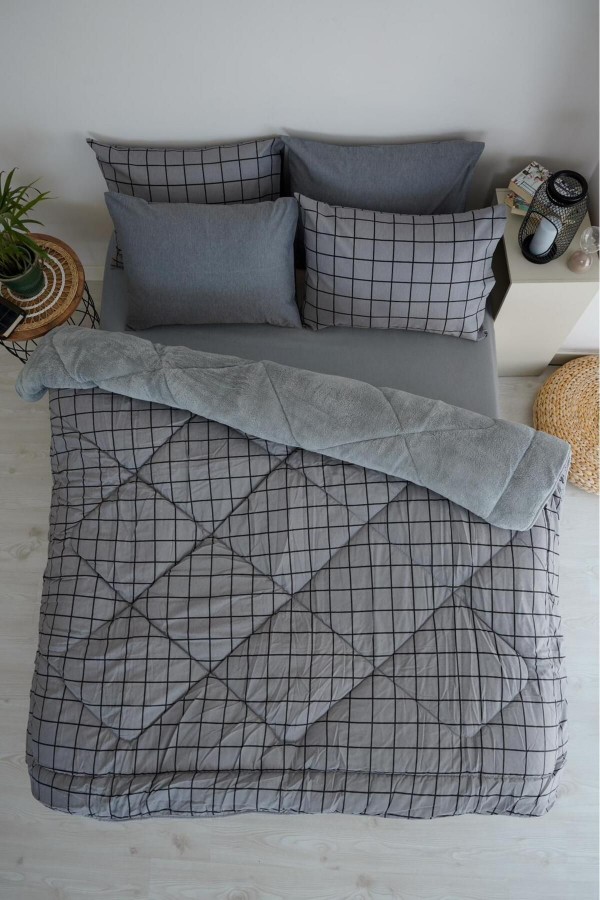 Line Baklava Desen Çift Kişilik Uyku Seti - Gri - 195x215&hellip;