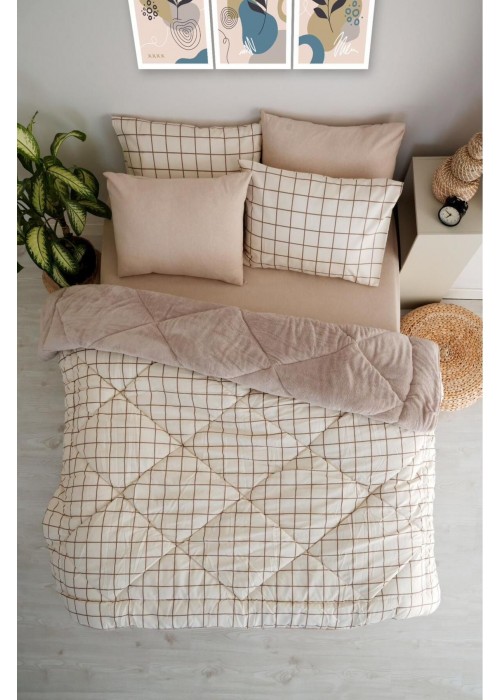 Line Baklava Desen Çift Kişilik Uyku Seti - Kahve - 195x215