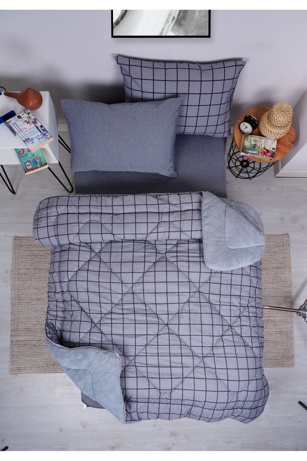 Line Desenli Tek Kişilik Çift Taraflı Wellsoft Uyku Seti - Gri&hellip;