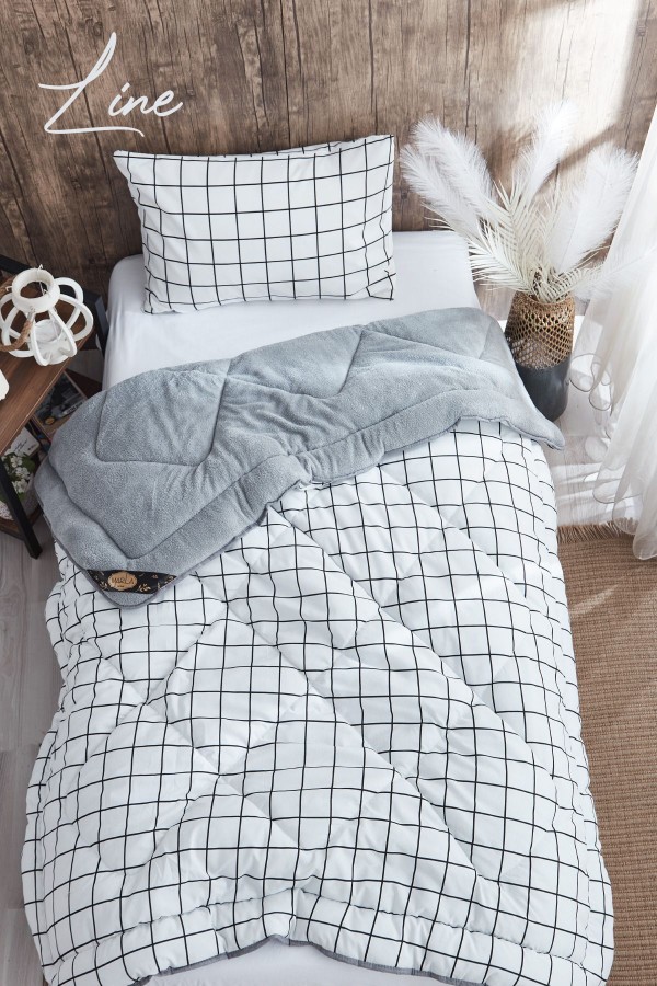 Line Gri-Beyaz Desenli Tek Kişilik Çift Taraflı Wellsoft Yorgan Seti - Beyaz Açık Gri - 155x215