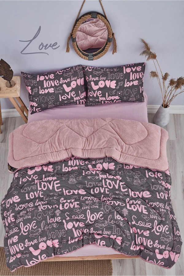 Love Pembe Desenli Çift Kişilik Çift Taraflı Wellsoft Yorgan Seti - Pembe - 195x215