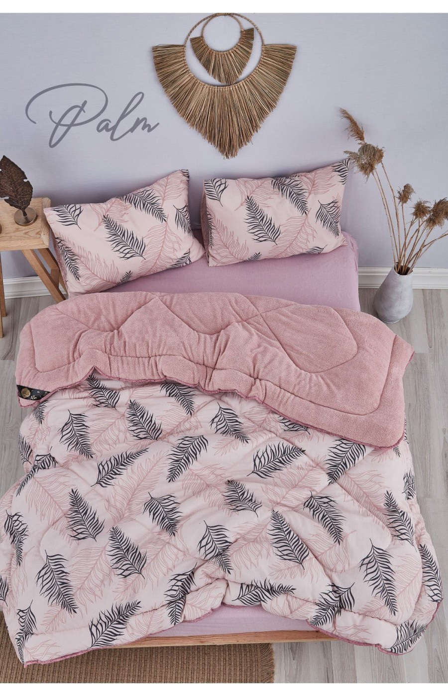 Pofuduk Çift Kişilik Wellsoft Palm Baklava Desenli Çift Taraflı Yorgan Seti - Pembe - 195x215