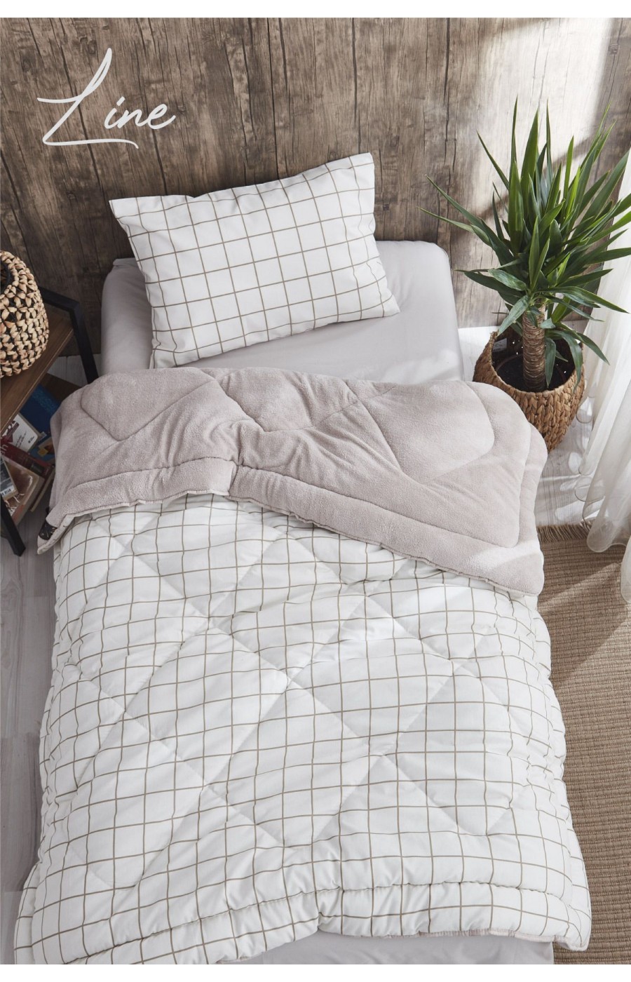 Pofuduk Tek Kişilik Wellsoft Line Desenli Çift Taraflı Yorgan Seti - Kahve - 155x215