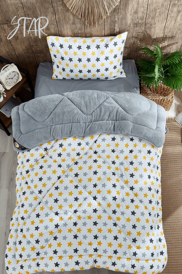 Sarı Star Desenli Tek Kişilik Çift Taraflı Wellsoft Yorgan Se&hellip;