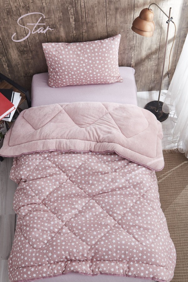Star Desenli Tek Kişilik Çift Taraflı Wellsoft Yorgan Seti - Pembe - 155x215