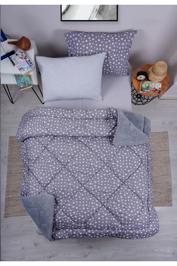 Star Desenli Tek Kişilik Çift Taraflı Welsoft Uyku Seti - Gri &hellip;
