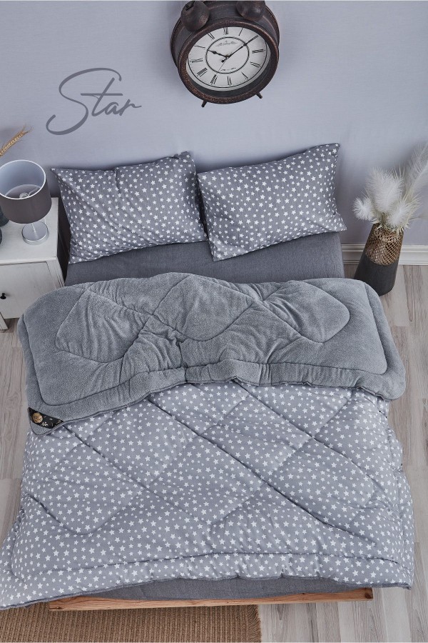 Star Gri Desenli Çift Kişilik Çift Taraflı Wellsoft Yorgan Seti - Gri - 195x215